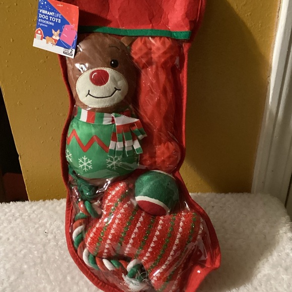 Vibrant Red and Green Dog Toy Stocking 5 piece set - Picture 3 of 3